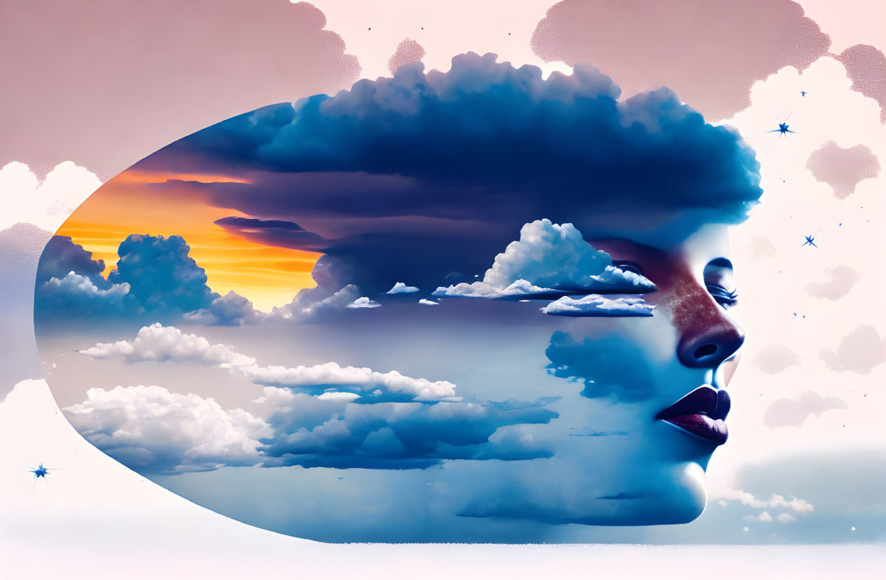 Surreal illustration of woman merging with vibrant cloudscape