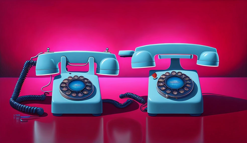 Vintage Red and Blue Rotary Dial Telephones on Red Background