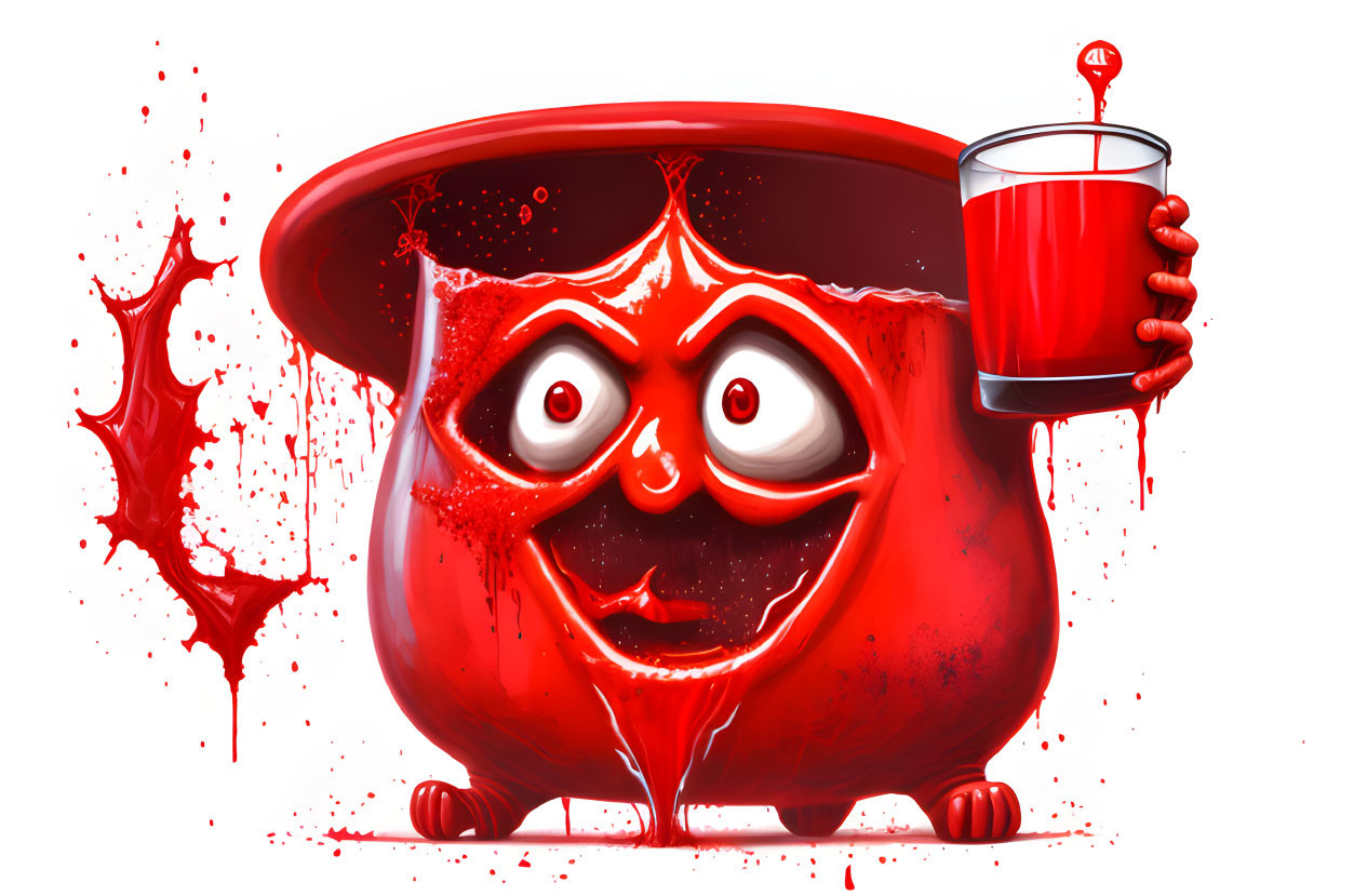 Red Whimsical Cartoon Character Holding Glass of Red Liquid