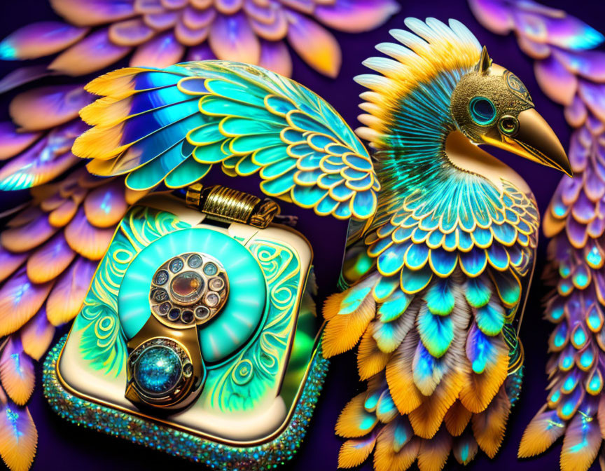 Intricate peacock-themed telephone with blue, gold, and purple feather details