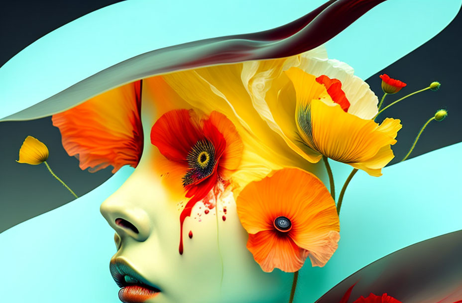 Woman's face transformed with vibrant poppies on turquoise background.