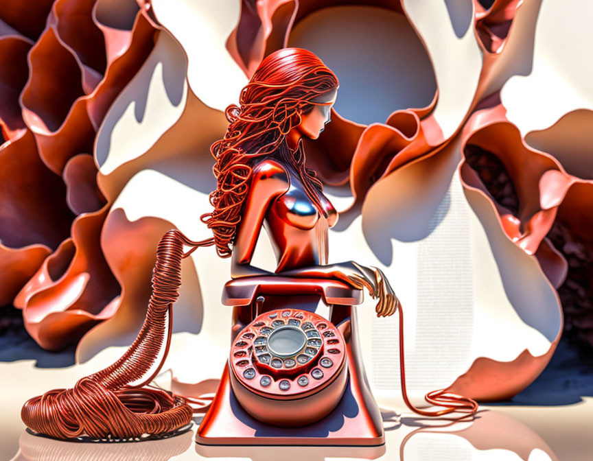 Stylized 3D model of woman with flowing hair integrated into vintage red telephone on abstract background