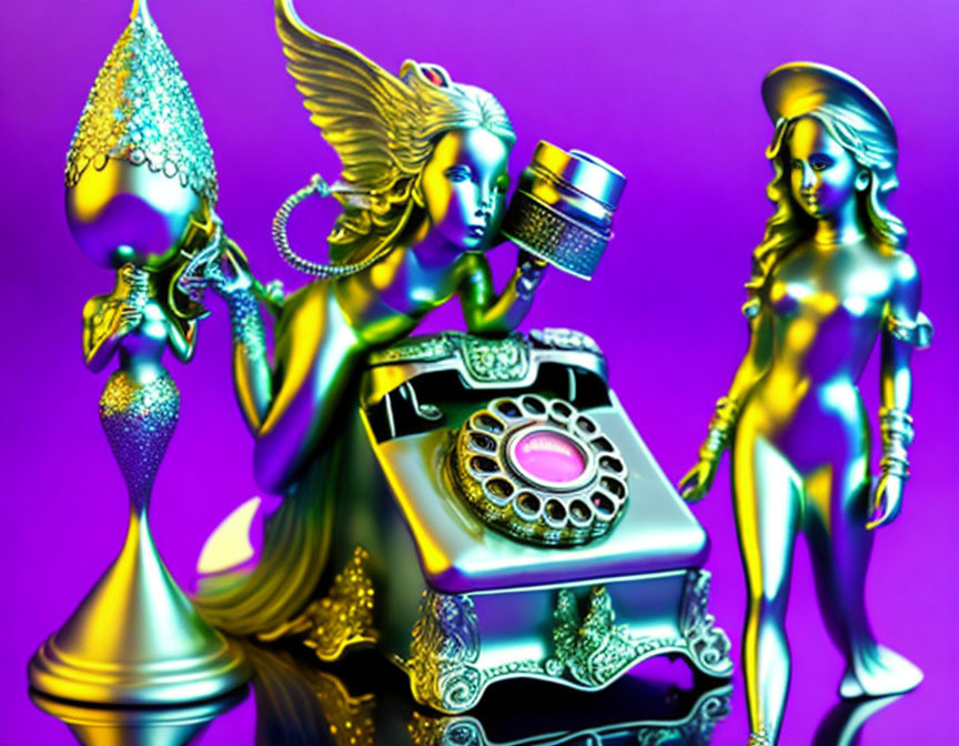 Stylized golden figurines with classic telephone on purple backdrop