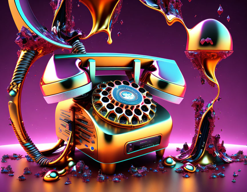 Colorful Surreal Artwork: Vintage Rotary Phone in Gold and Purple Hues