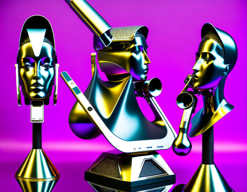 Futuristic Metallic Mannequin Heads on Purple Background