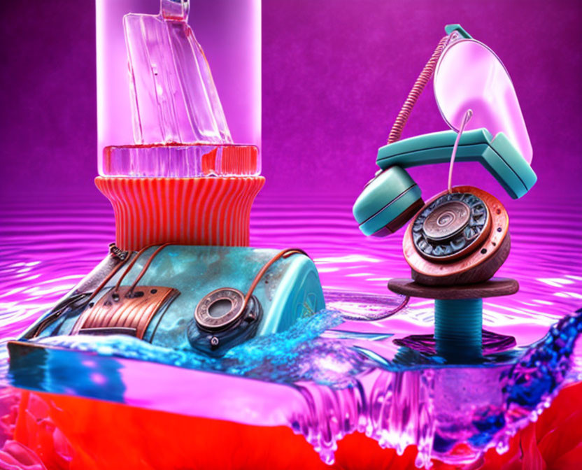 Vintage retro items partially submerged in water on purple background