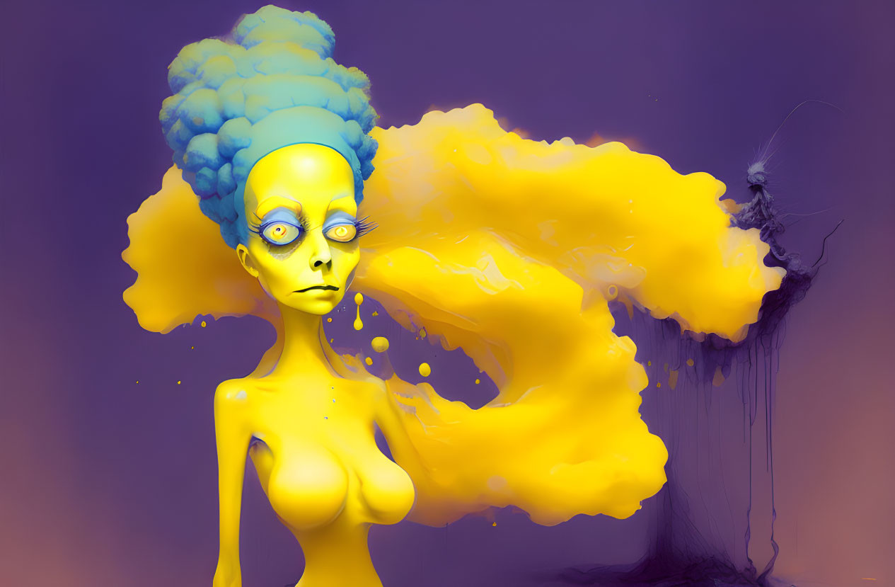 Surreal yellow stylized female figure with blue hair on purple background