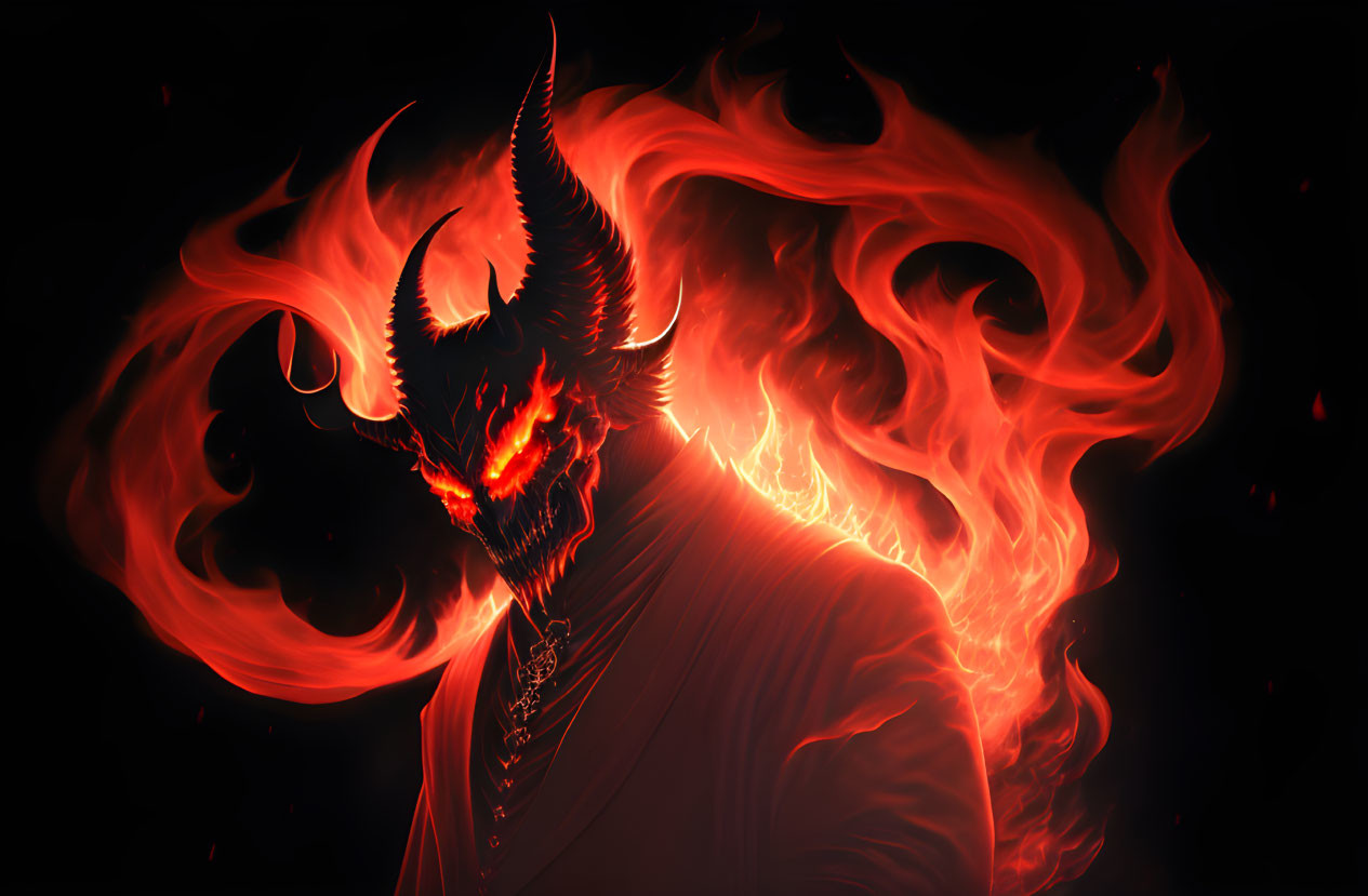 Digital artwork: Fiery demonic creature with glowing eyes and horns in swirling flames