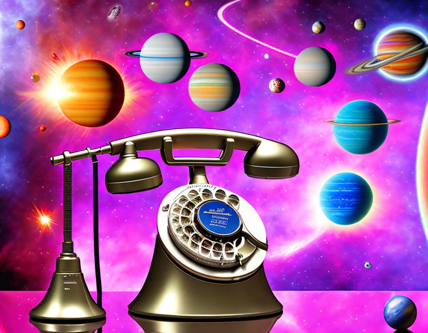 Vintage Telephone with Rotary Dial on Cosmic Background with Planets and Stars