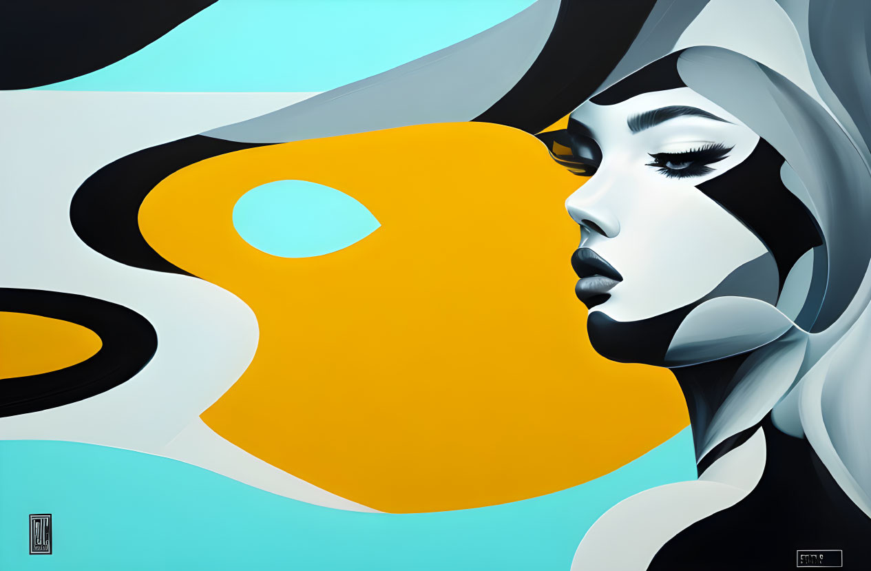 Stylized female profile in abstract art with flowing shapes in black, white, blue, and yellow