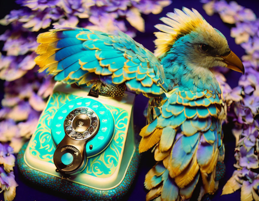 Colorful Blue and Gold Bird on Turquoise Rotary Phone with Purple Flower Petals