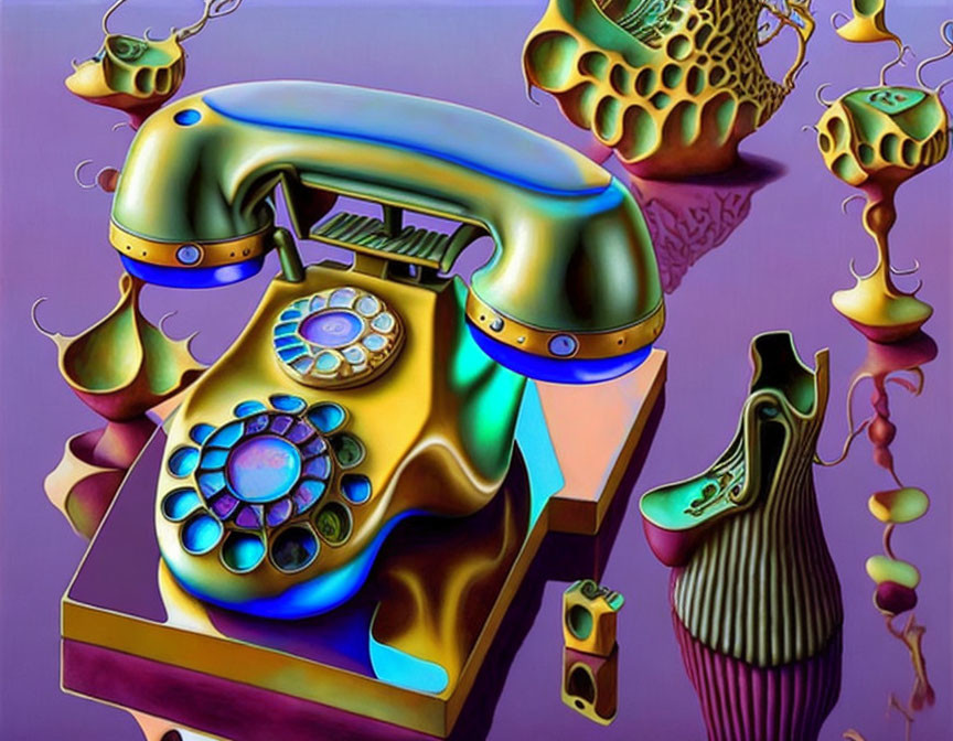 Vintage Telephone Art: Surreal and Vibrant Abstract Composition