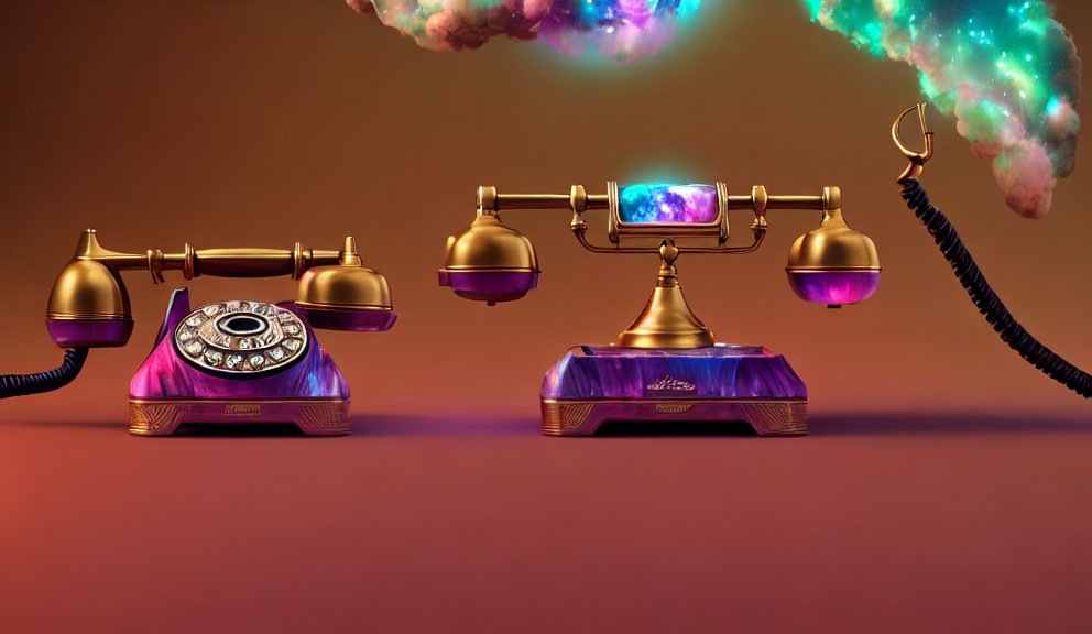 Vintage Phones with Cosmic Clouds on Warm Background