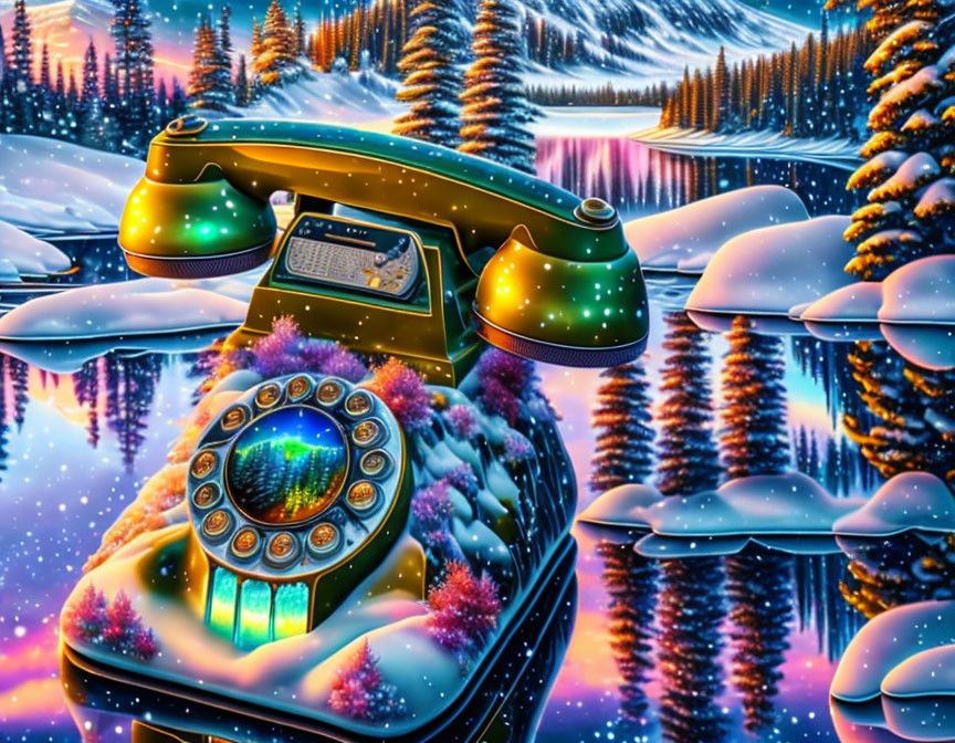 Vintage Green Rotary Phone with Cosmic Dial on Snowy Winter Landscape