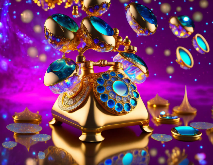 Golden vintage rotary phone with blue gemstones floating among bubbles and stars on purple backdrop