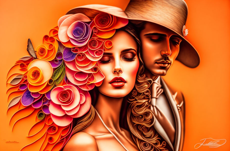 Digital Artwork: Stylized Faces with Floral Designs and Brimmed Hat in Warm Orange H