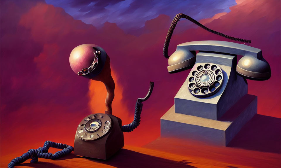 Surreal artwork of vintage phones in colorful conversation