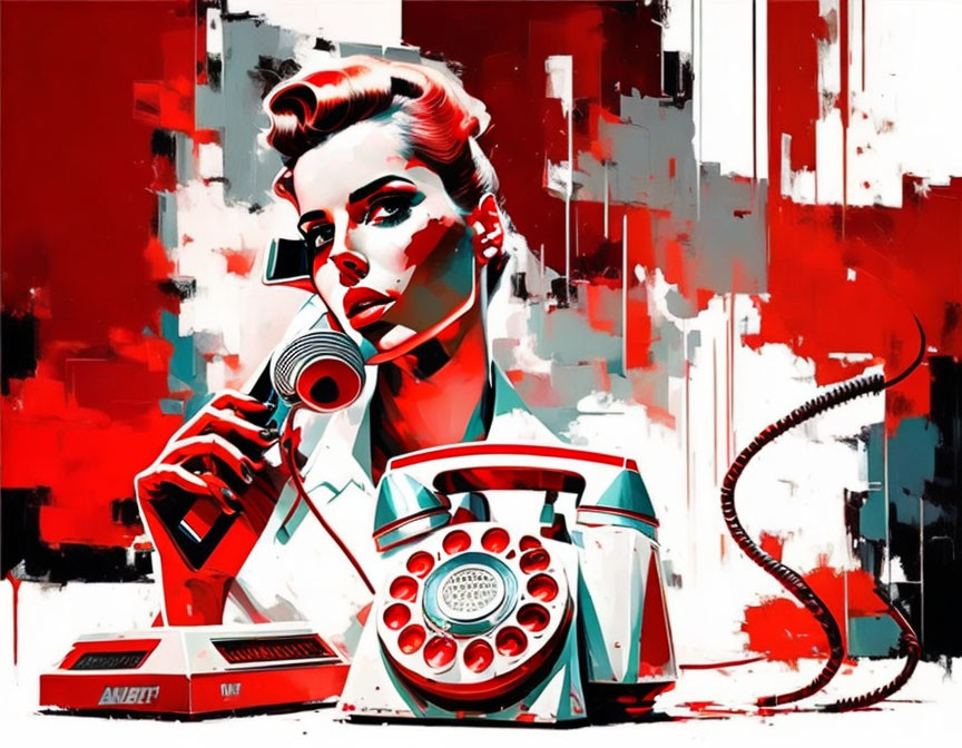 Vintage-style illustration of a woman in red and white with a retro hairstyle, using a rotary phone,