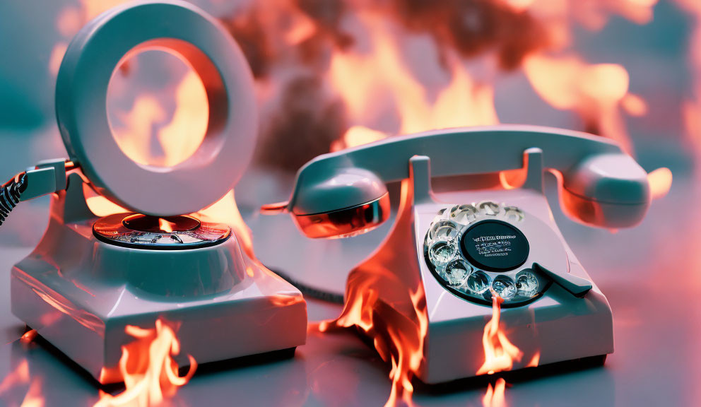 Vintage Telephone Engulfed in Flames on Reddish-Pink Background