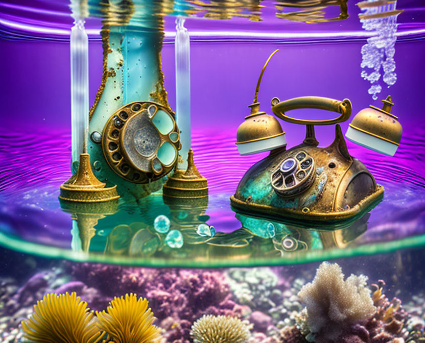 Steampunk-style vintage telephones in surreal underwater scene