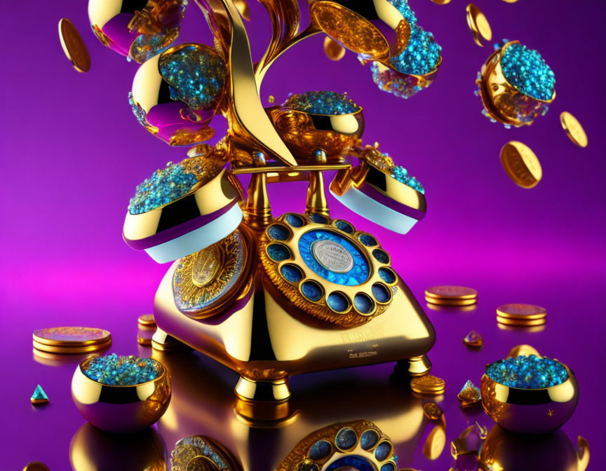 Vintage Golden Telephone with Blue Jewels Floating and Disassembling on Purple Background