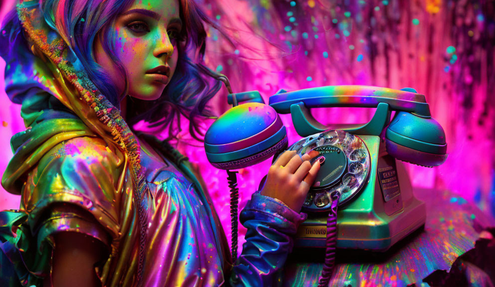 Colorful makeup person holding vintage rotary phone in neon-lit setting