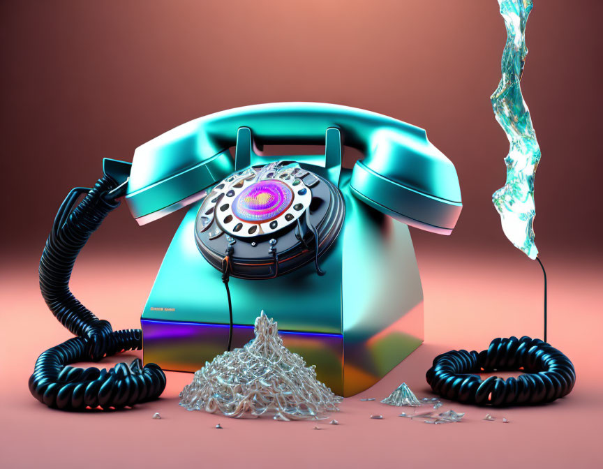 Vintage turquoise telephone with colorful dial melting into a blue splash on pink background