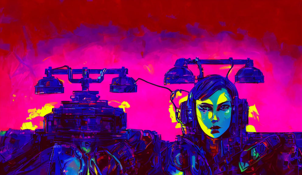 Cyberpunk illustration of female character with headphones and robotic assembly in neon environment