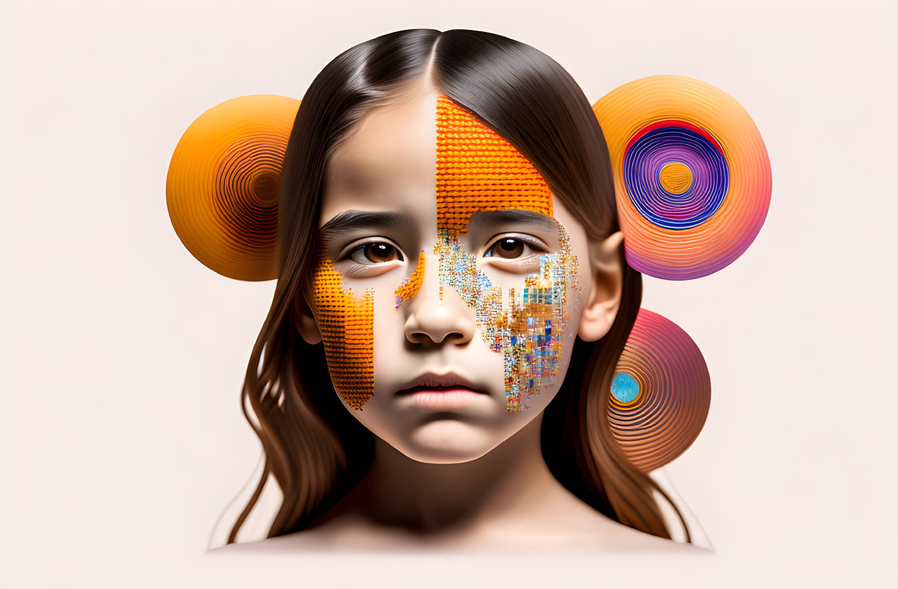 Portrait of a young girl with digital art concept and colorful circular patterns.