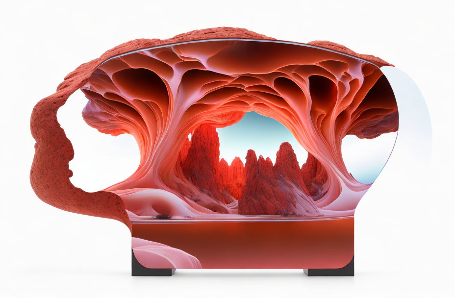 Surreal artwork: human head profile with vibrant red rock landscape