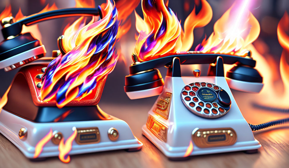 Vintage telephones in stylized flames on wooden desk symbolize urgent communication.