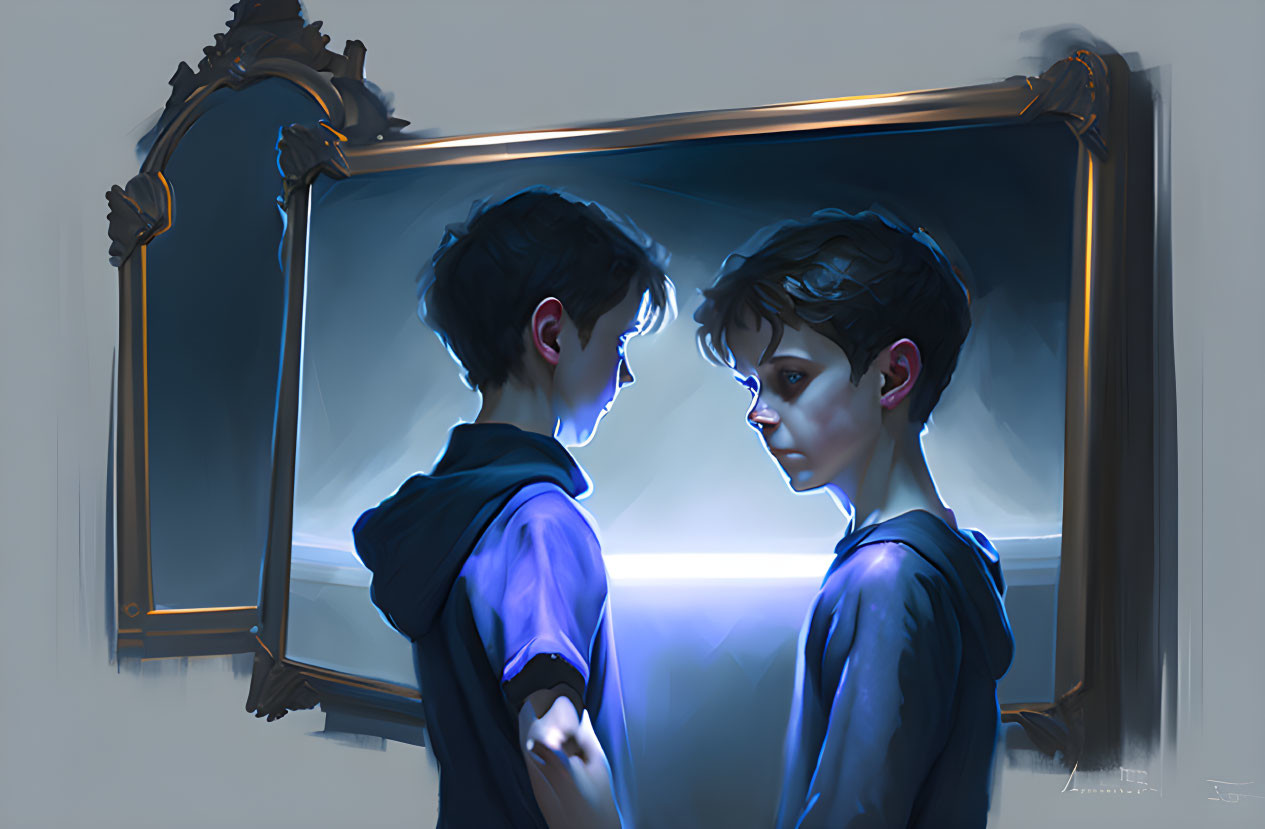 Boy Contemplating Reflection in Dim Blueish Glow