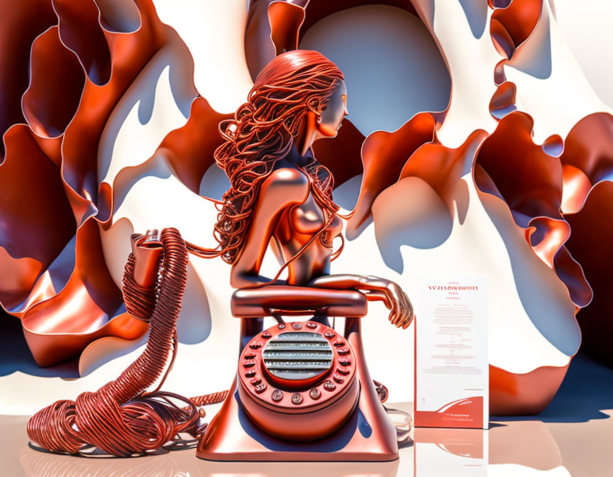 Vintage telephone morphs into woman's silhouette on surreal red and white background