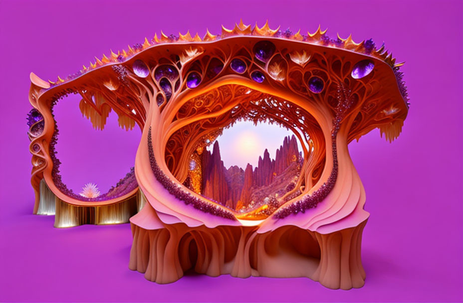 Colorful 3D artwork of orange organic structure with purple crystals on mountainous landscape