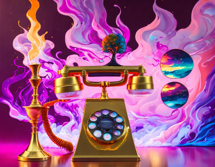 Surreal image of golden vintage telephone, swirling smoke, levitating spheres, and flaming candlestick