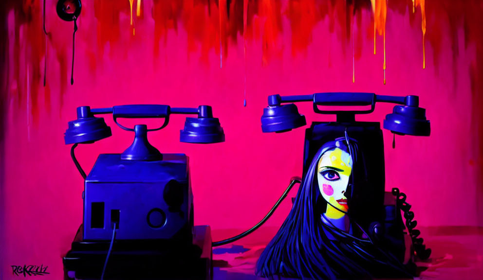 Colorful Artwork: Telephone with Surreal Female Face on Dial, Pink Background