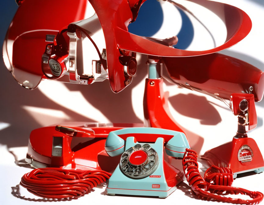 Vintage Red Desk Items: Lamp, Phone, Stapler, Tape Dispenser & Turquoise Rotary Phone