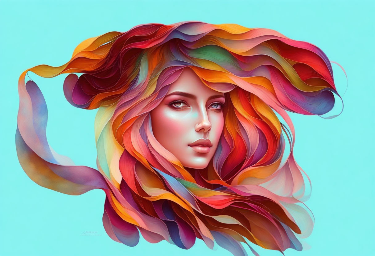 Vibrant multicolored hair portrait on turquoise background