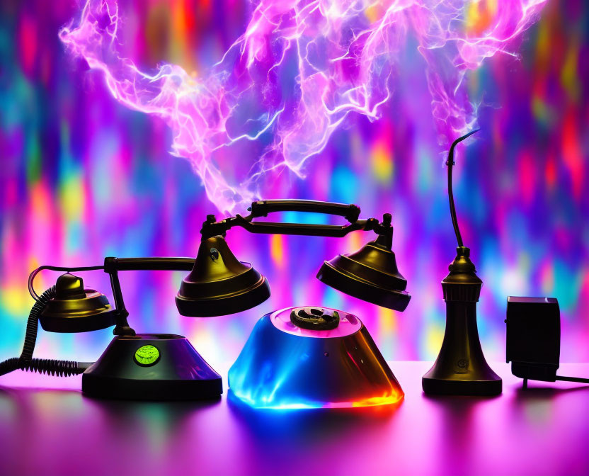 Vintage Telephones with Glowing Neon Lights and Electric Plasma Effects