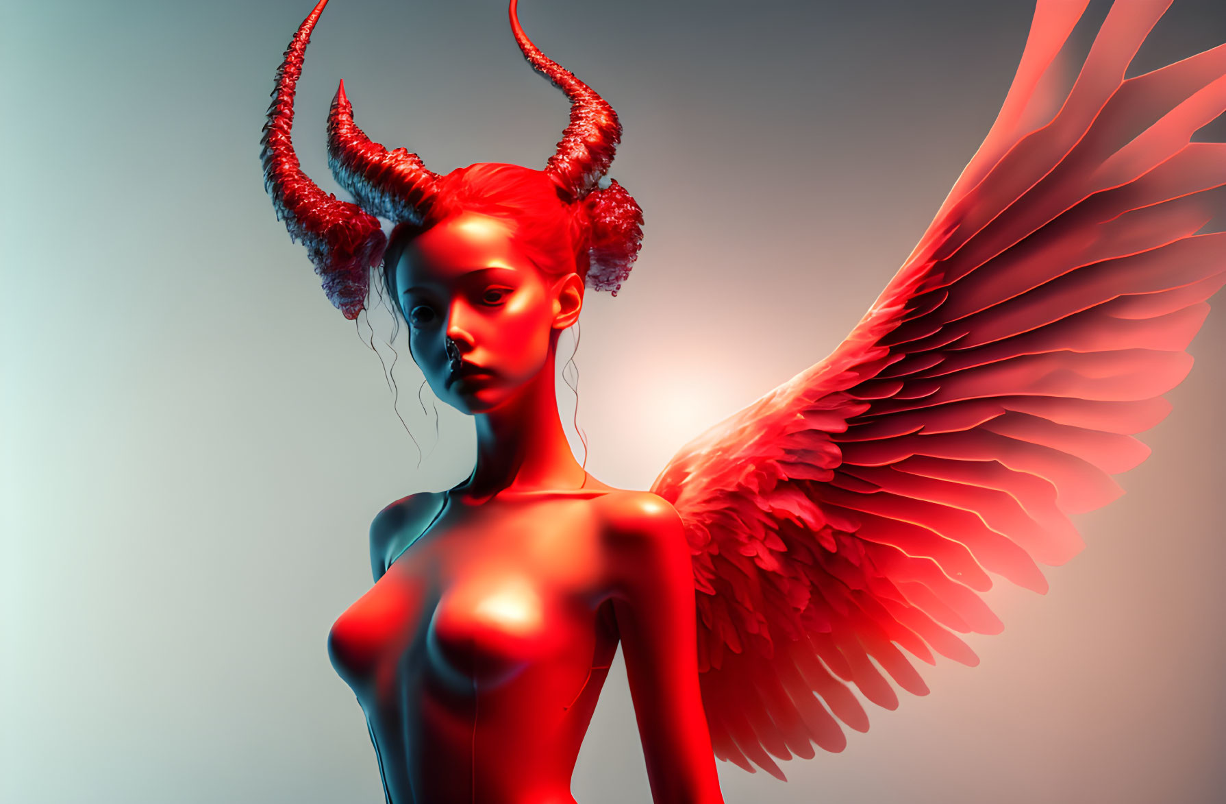 Mystical figure with red horns, intense gaze, and large wings in gradient lighting