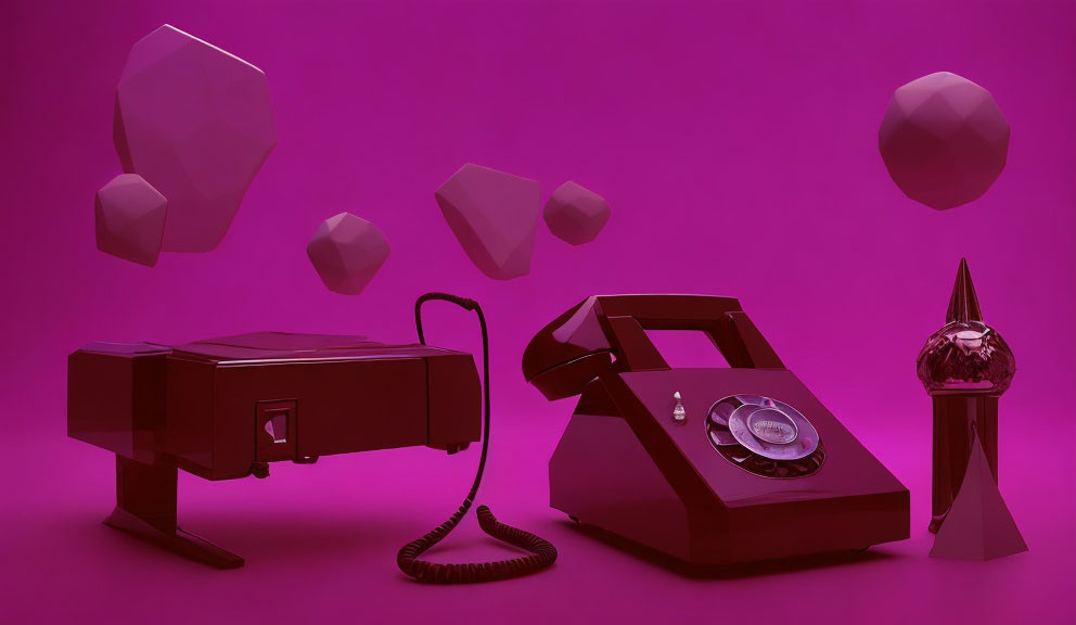 Vintage Telephone and Briefcase on Purple Background with Geometric Shapes and Ice Cream Cone Object