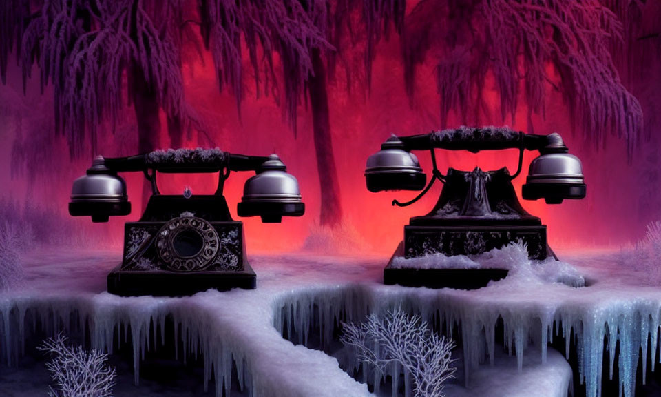 Vintage telephones on frozen surface with icicles against mystical forest backdrop