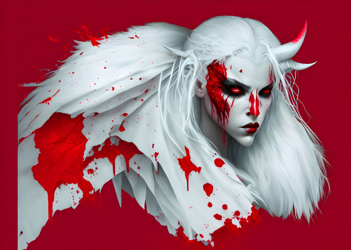 Fantastical figure with white hair and red eyes in red paint splattered artwork