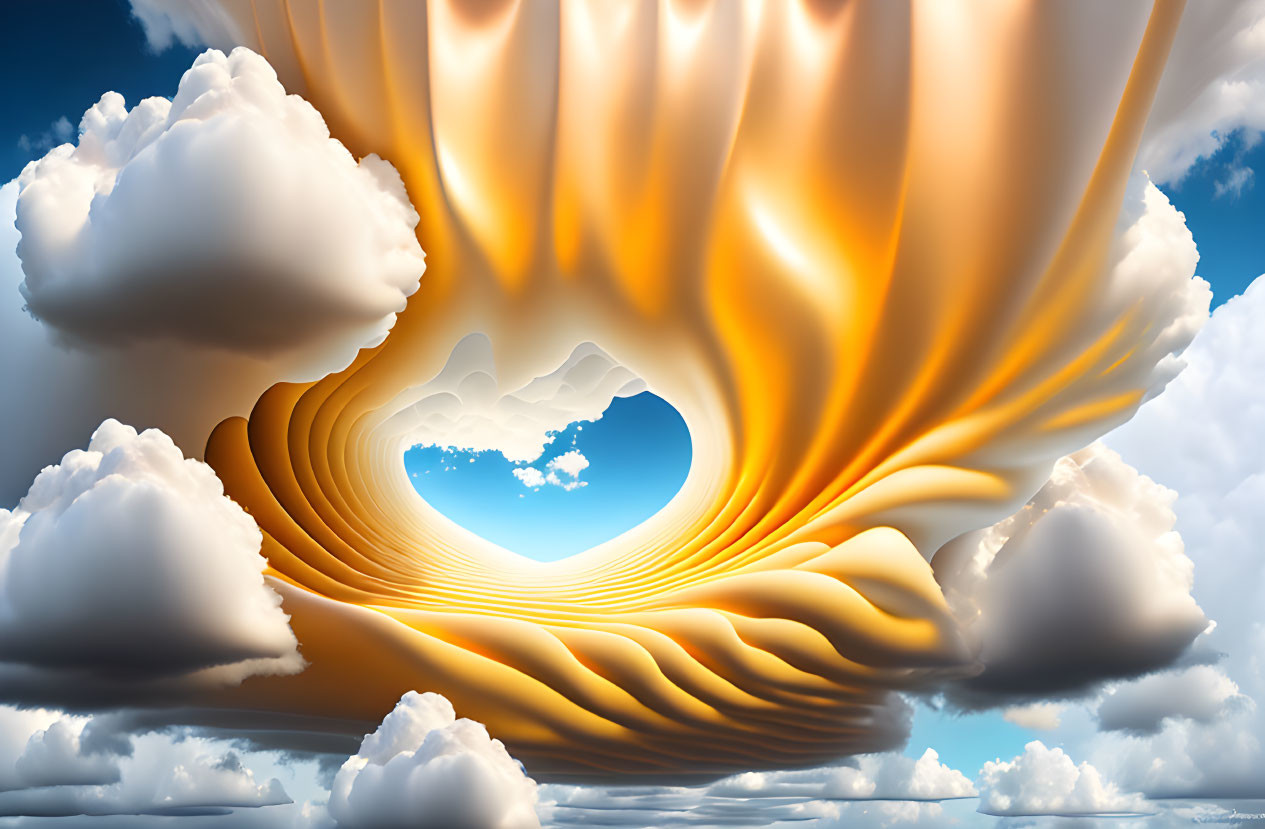 Surreal sky with heart-shaped cloud in golden vortex on blue background