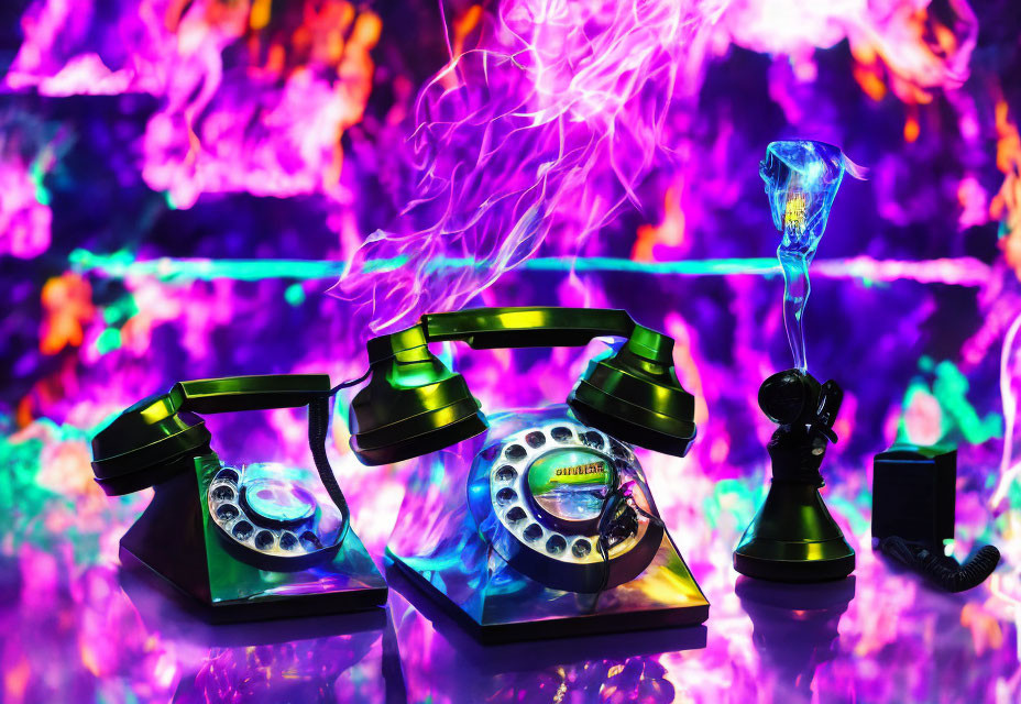 Vintage rotary telephones with neon lights and plasma globe effects