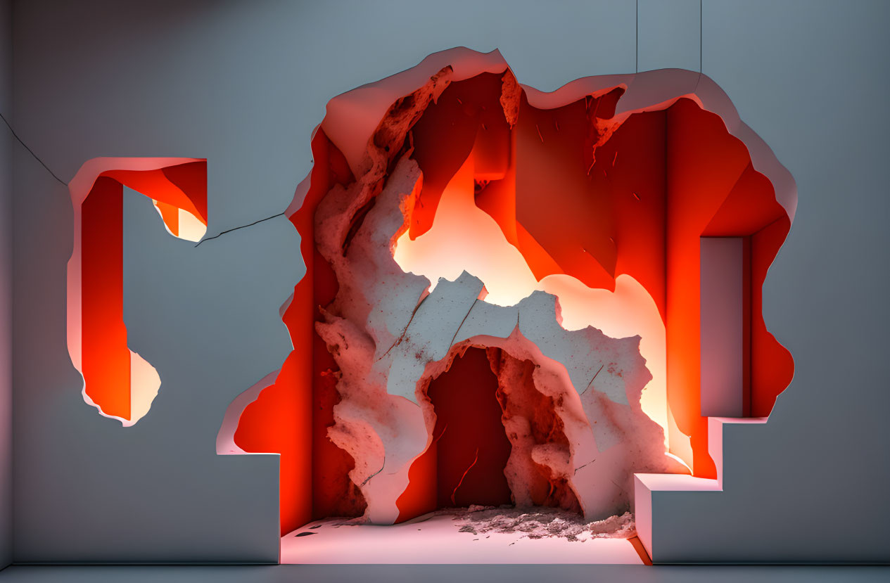 Stylized illuminated cave-like art installation with rough interior