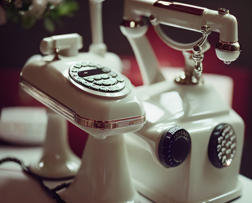 Classic White Rotary Dial Telephone on Dark Background with Blurred Plant