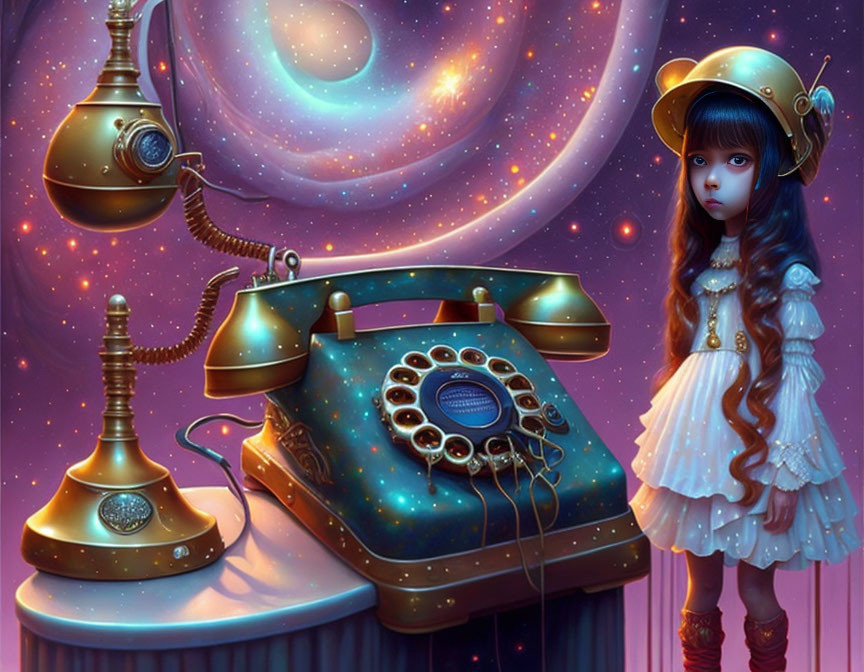 Vintage girl in brass helmet with retro-futuristic phone and space-themed backdrop.