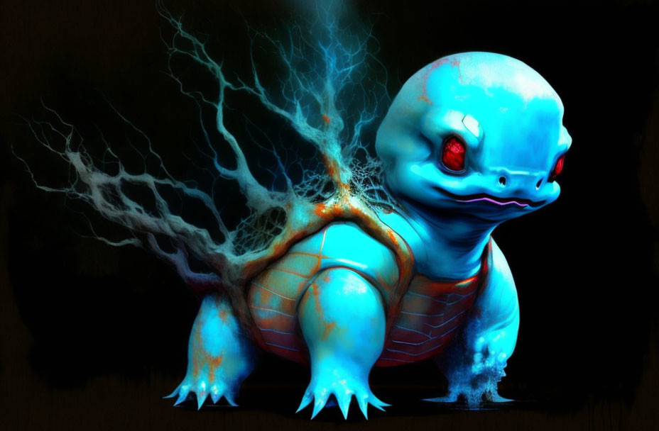 Blue turtle-like creature with glowing veins on dark background