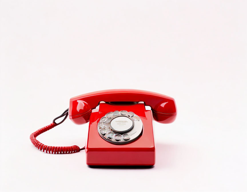 Vintage red rotary dial telephone off the hook on white background